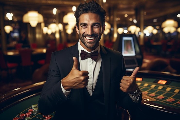 Dealer profesional gamefaqs sedang memimpin permainan Sic Bo Dadu di studio berkualitas tinggi